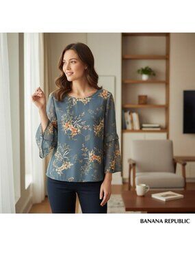 Banana Republic Floral Bell Sleeve Blouse In Blue size M